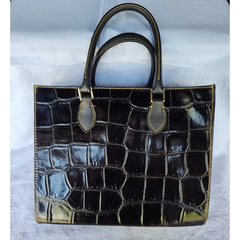 Dooney & Bourke Janine Black Crocodile Embossed Leather Satchel Handbag Purse